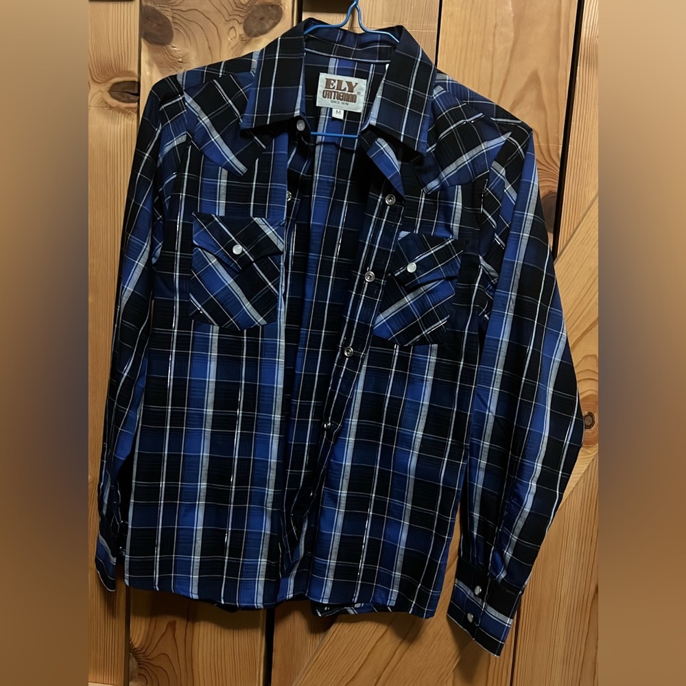 Ely Cattleman Blue and Black Plaid Button Down Shirt